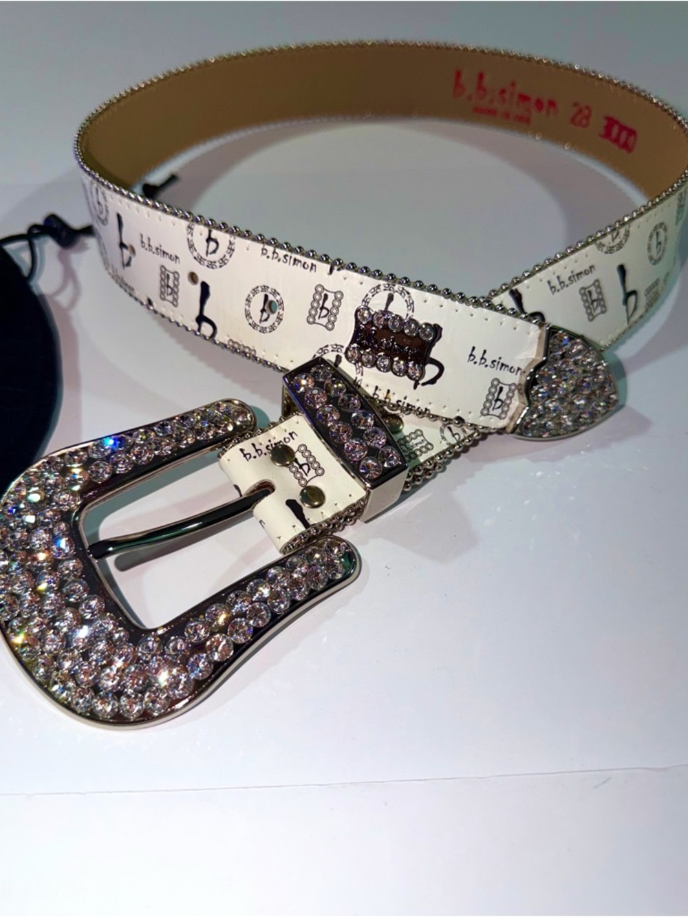 B.B. Simon Beige Leather Belt with Pink Logo and Silver Crystal Edge